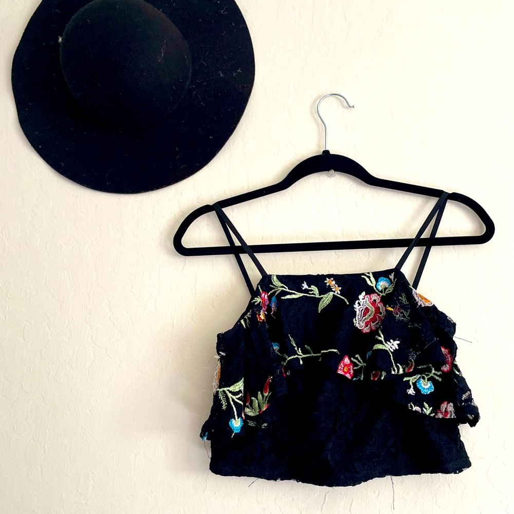 Embroidered Floral and Lace Crop Top